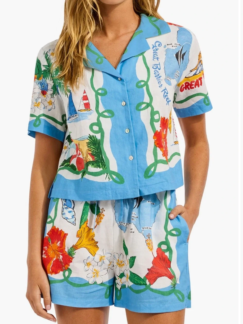Seafolly Crop Linen Blend Button-Up Cover-Up Shirt